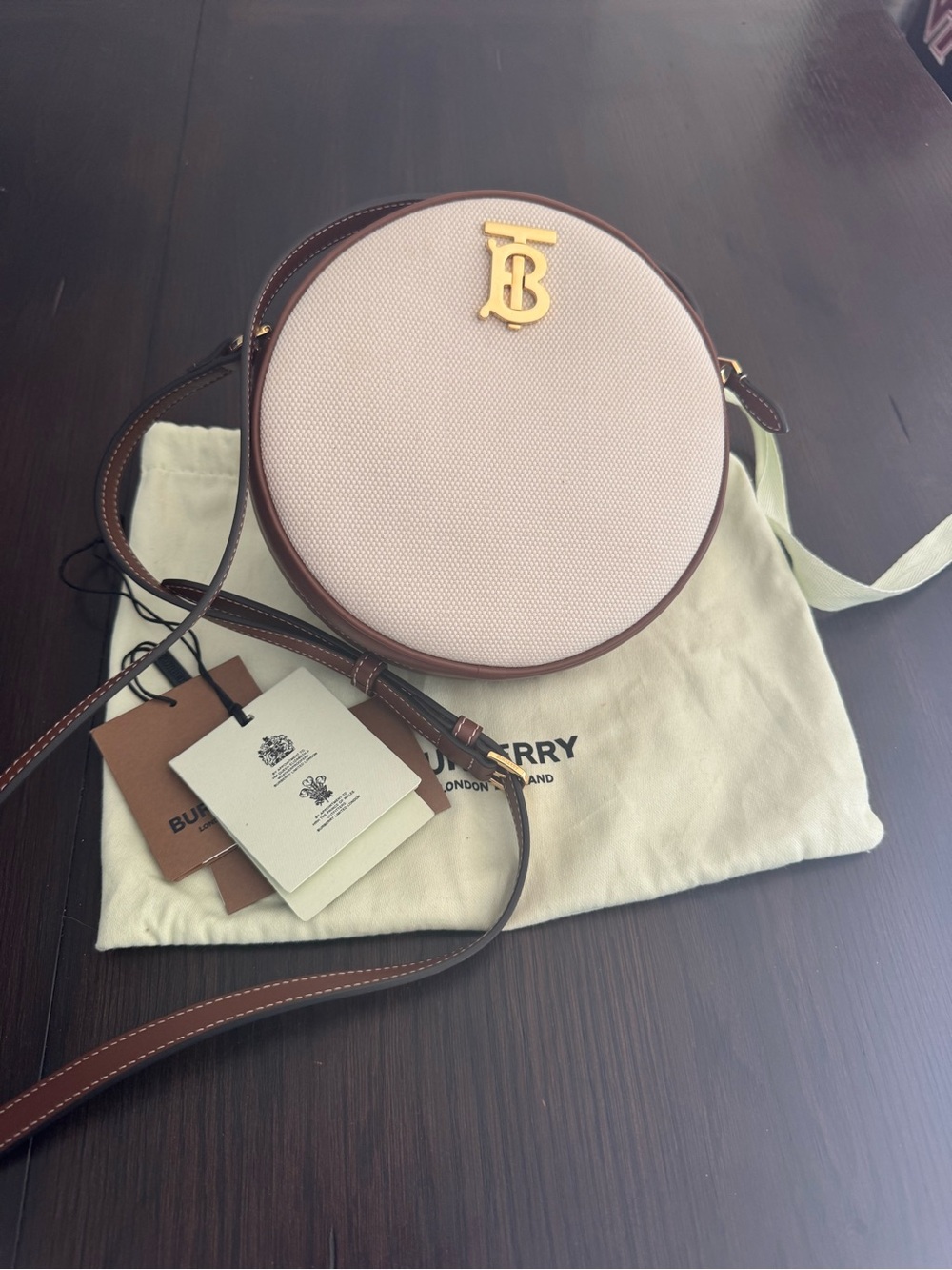 Burberry Canvas and Brown Round Crossbody with Gold TB